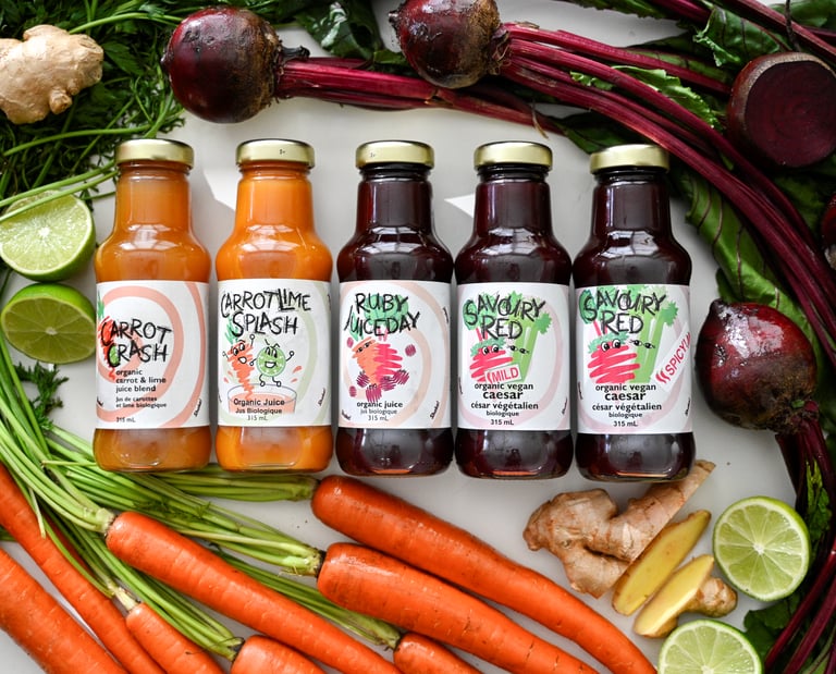 All 5 of our Organic Juices. Carrot Crash, Carrot Splash, Ruby Juiceday NEW, Mild Beet, Spicy Beet