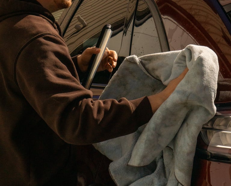 A man uses a microfiber towel to dry and detail a red car outdoors.