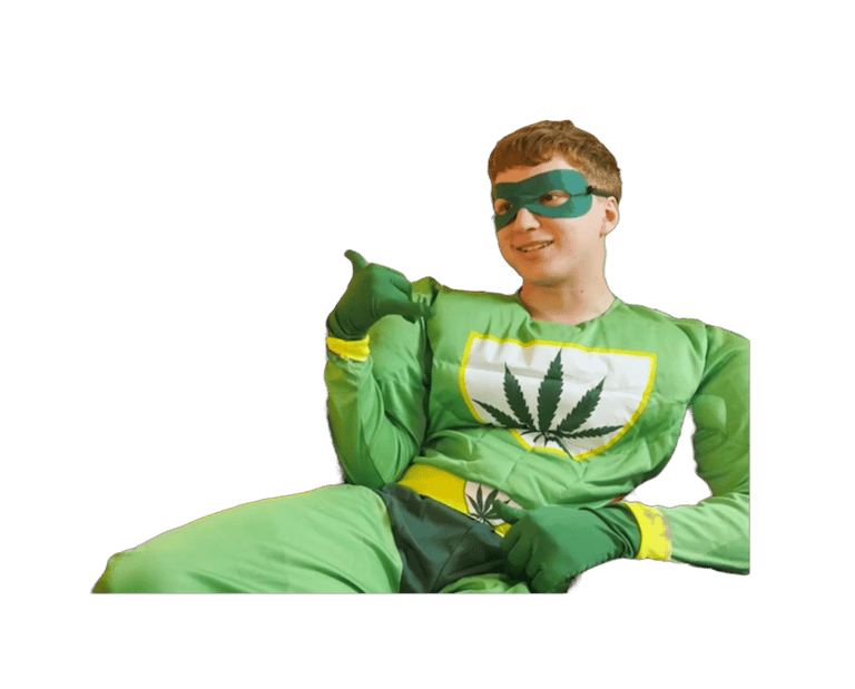 Young man in a green cannabis superhero ganja man costume with a leaf logo and mask.