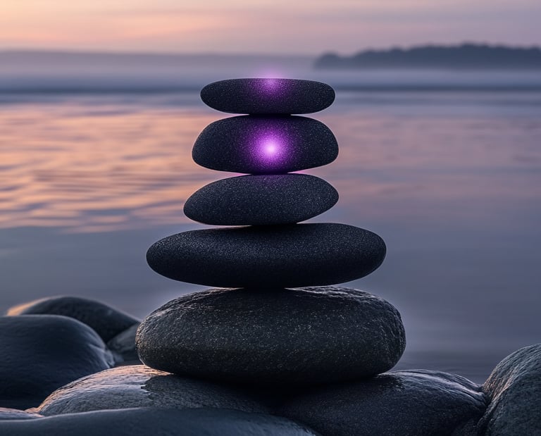 Rocks balancing in front of a peaceful pool of water