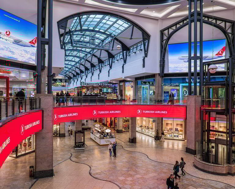 Modern shopping mall interior with glass elevators, Starbucks, and Turkish Airlines advertisements.