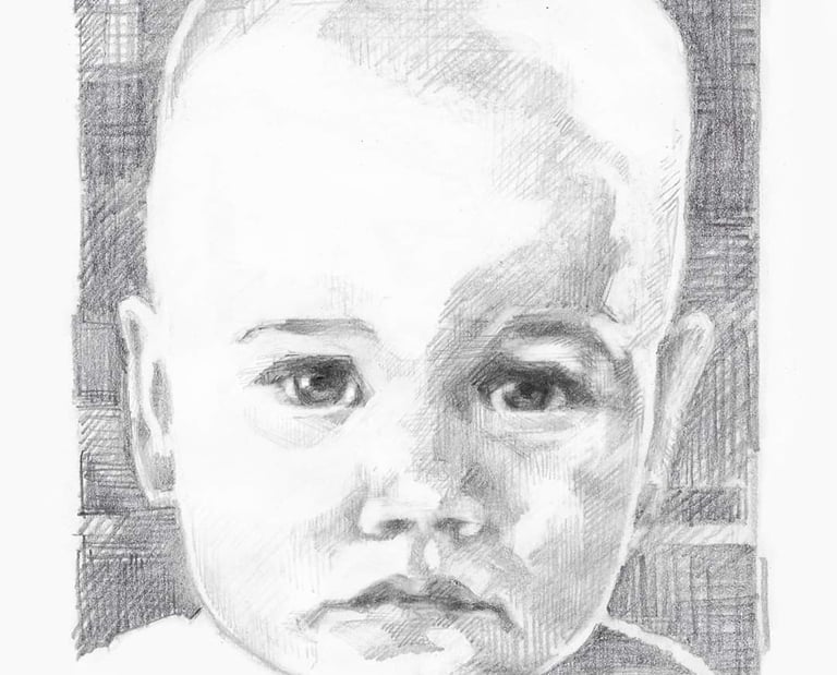 Hand-drawn pencil sketch of a baby's face with realistic shading and detailed eyes.