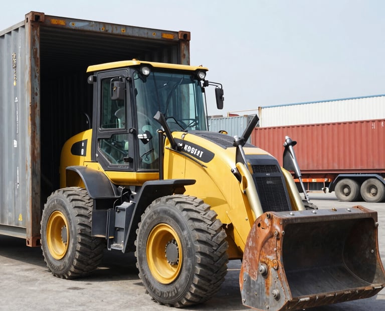 A close-up of a large agricultural machine with the branding visible, displaying sturdy tires resting on a grassy field under a partly cloudy sky. The machinery appears robust, equipped for fieldwork.