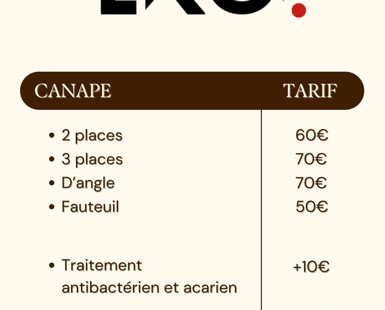 tarifs, prix que je propose pour le nettoyage de canapé