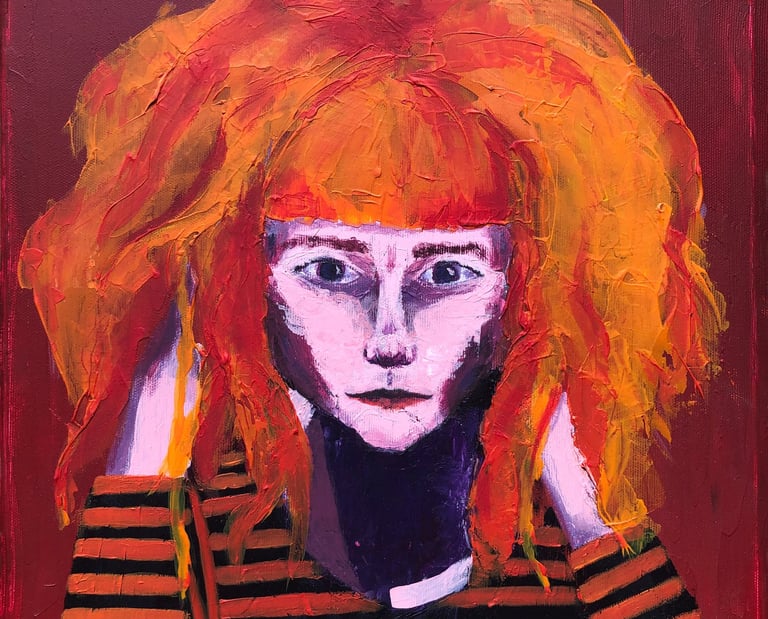 a painting of a woman with red hair and a striped shirt