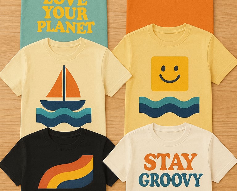 Collection of colorful retro graphic t-shirts for kids featuring vintage sun, flower, and wave designs.