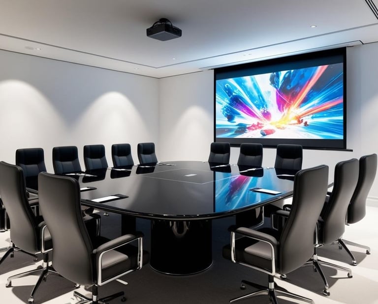 Sala de reunião com mesa grande e cadeiras tela elétrica sendo projetada