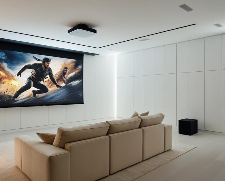 sala ampla de cinema em casa com tela e projetor