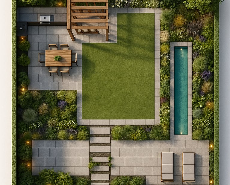 a plan of a garden with a pool and a patio | Nour Nagy Designs