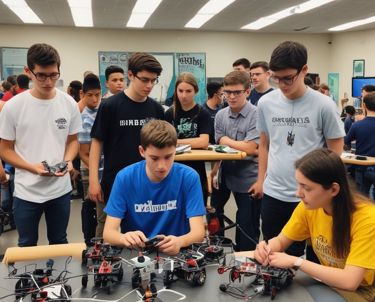 A large illuminated screen displays a tech-themed graphic with logos of various tech companies underneath. The setting appears to be an indoor event or conference with several spotlights beaming down, creating a dynamic atmosphere. Attendees are seated in front, silhouetted against the bright lights.