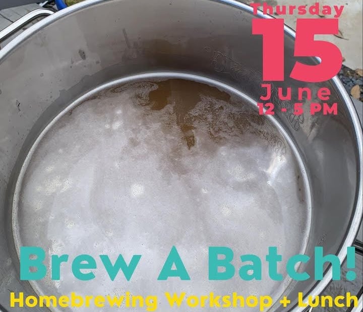 Homebrewing workshop flyer featuring a large stainless steel pot of brewing beer for a June 15th event.