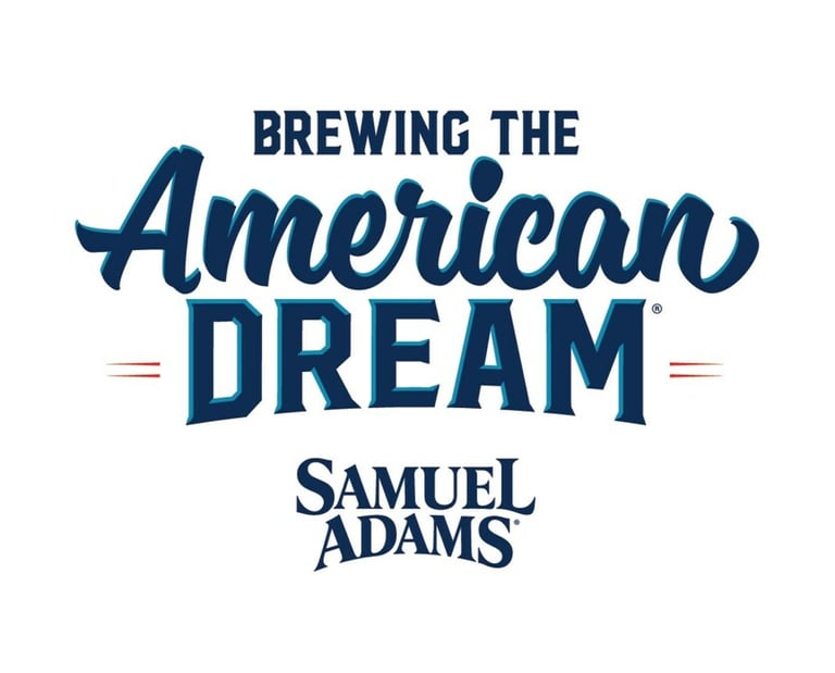 Samuel Adams Brewing the American Dream logo in blue and white text on a plain background.