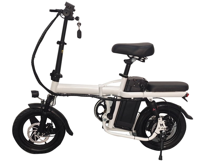 a white electric bike with a black seat