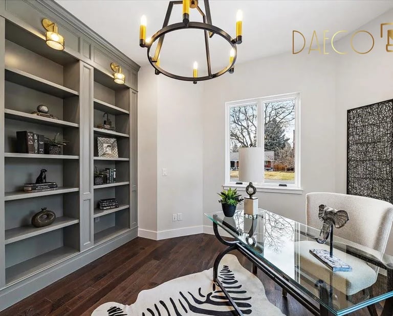 a home office with a zebra print rug and a zebra print rug