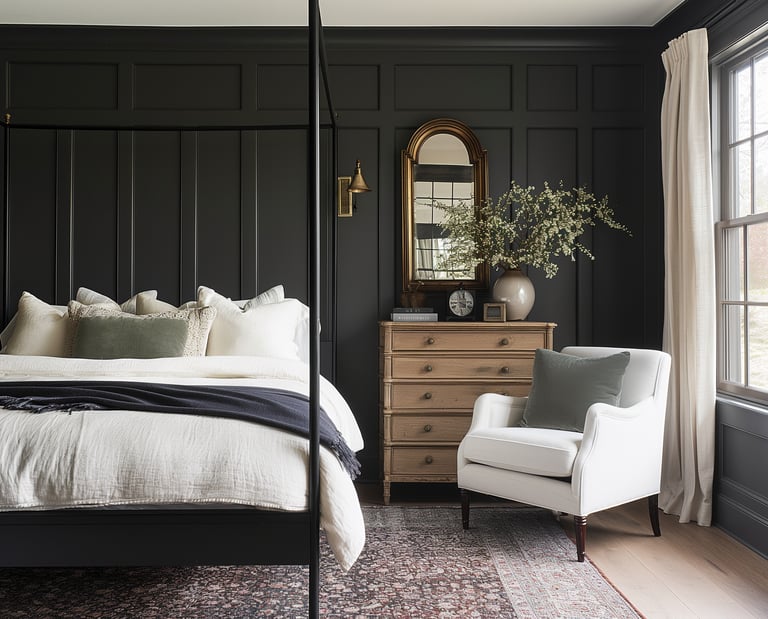 a bedroom with a canopy bed and a chair with moody color walls