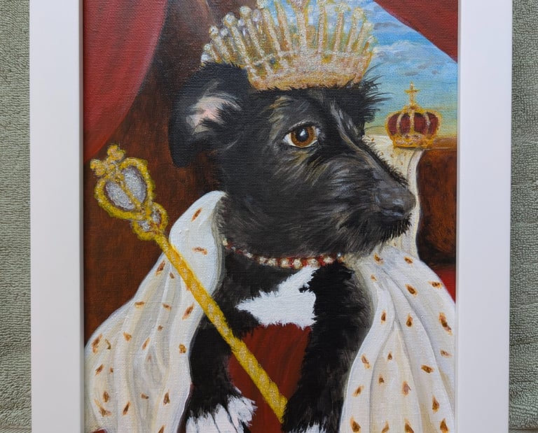 A humorous portrait of a black terrier mix wearing a crown in royal pose. Painted by Kathy LaFollett.