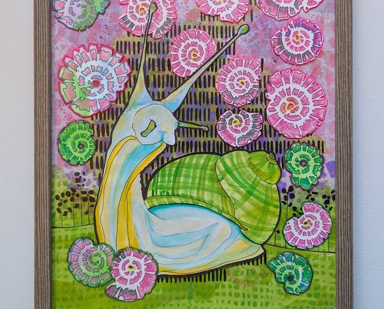 Multi-media artwork in pinks, lime greens and blues in mid mod style of a snail and flowers by Kathy LaFollett.