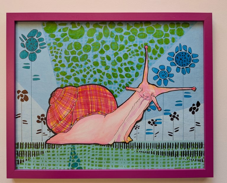 Bright pinks, blues, greens helix snail against a patterned colorful mid-mod design in a pink frame.