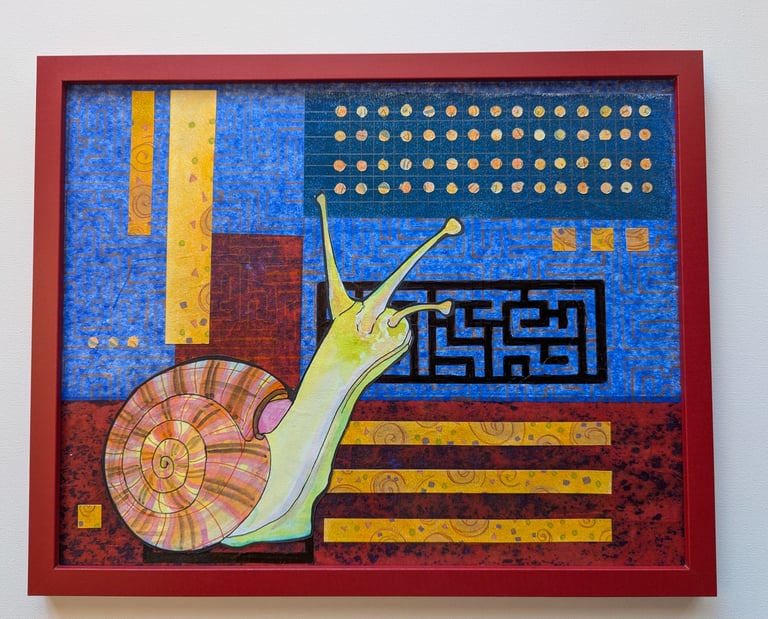 Strong reds, blues and oranges patterned mid-mod multi media art with helix snail.