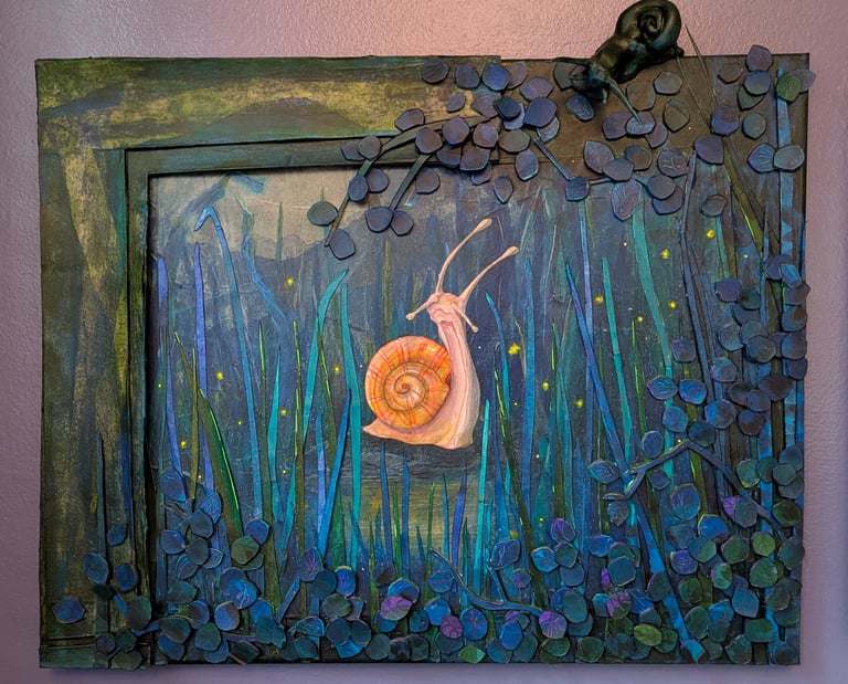 Snail in an evening lit scene surrounded by vines with a sculpted snail atop the canvas looking down and in. Multimedia 3D.
