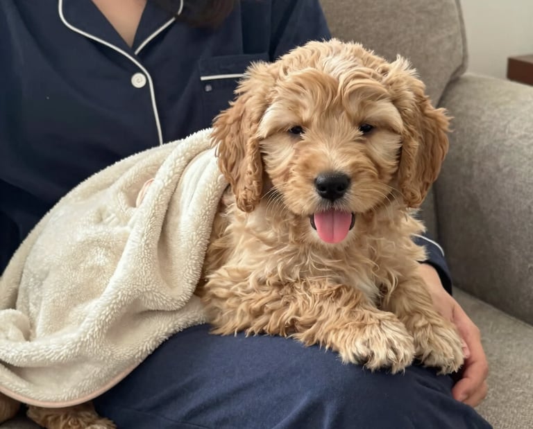A cute Goldendoodle puppy with fluffy brown fur sitting on a person's lap covered with a flublanket.