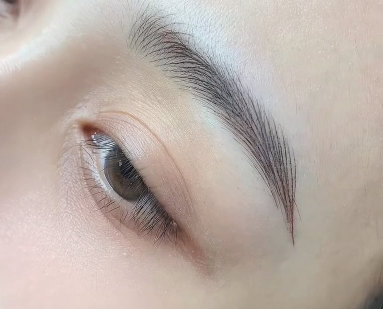 Close-up of perfect nano brows with crisp, realistic hair strokes.
