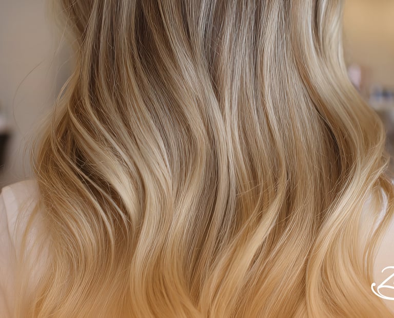 Cabello largo, rubio y ondulado mostrando el resultado luminoso de la técnica de coloración Balayage