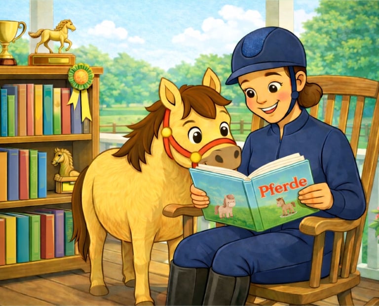 Cartoon Illustration von Pancake und der Ponytante beim lesen von Pferdebüchern