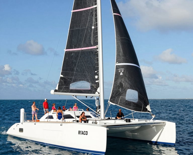 Elegant catamaran sailing near Isla Mujeres with turquoise sea and sunny skies.