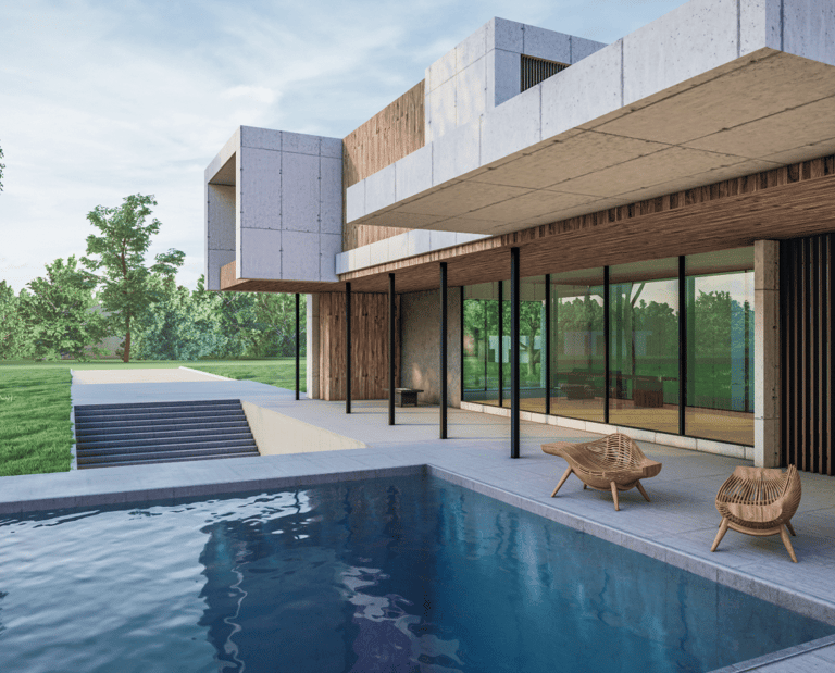 a house with a pool and a lounge chair