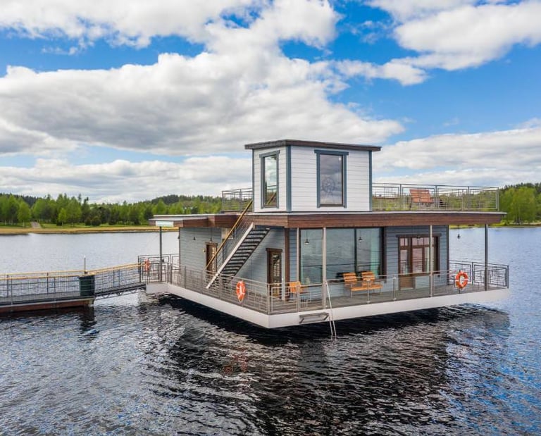 a houseboater's floating houseboat on a lake