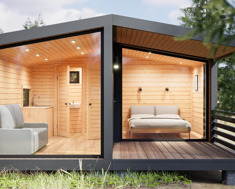 a small cabin with a bed and a couch
