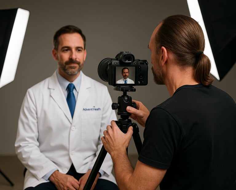 Commercial photographer filming a doctor interview for professional healthcare video production