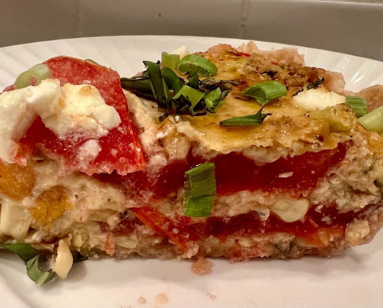 slice of corn, tomato goat cheese pie
