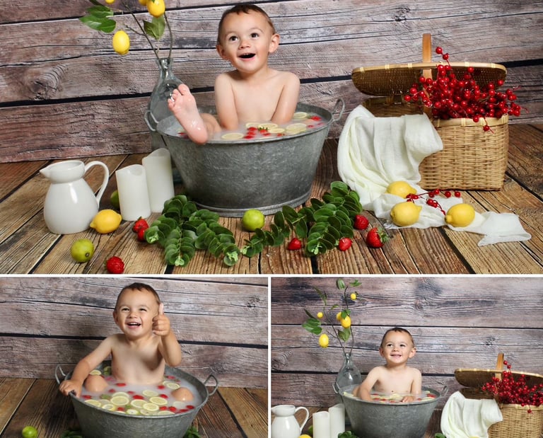 Séance photo bain de lait enfant, enfant dans une baignoire en étain avec des citrons