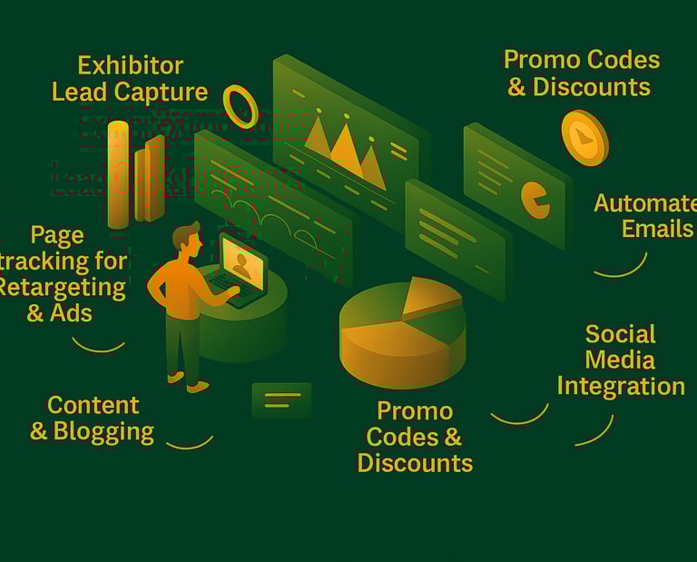 Graphical image summarising marketing and promotion features of an event management platform