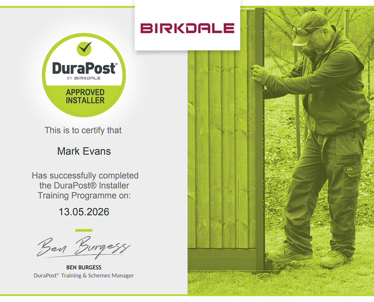 Birkdale DuraPost approved fencing installer certificate