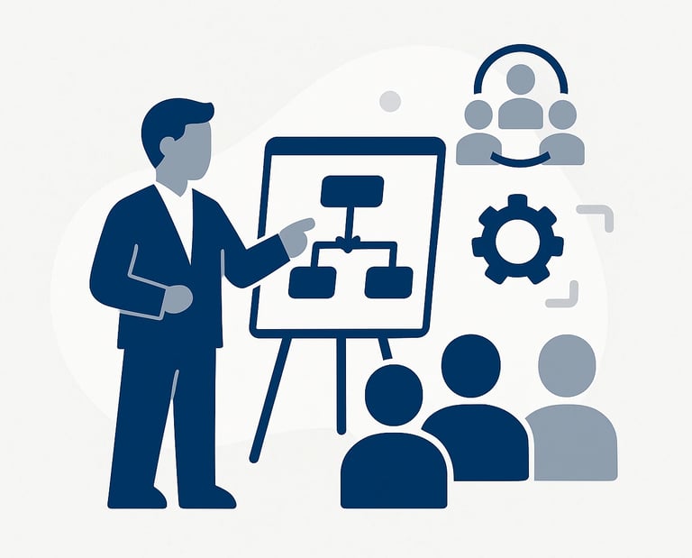 Business leader presenting an organizational chart to a team for strategic workflow planning.