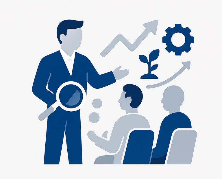 A business professional presenting growth strategy and data analysis to a team in a blue flat illustration style.