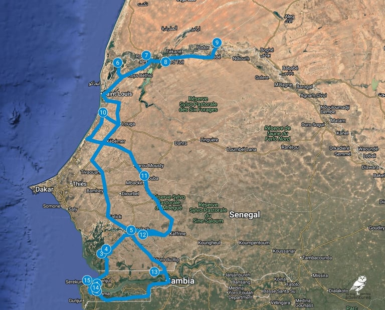 Route map  Gambia & Senegal: 15-Day Bird Photography Tour (10 Days Senegal / 5 Days Gambia)