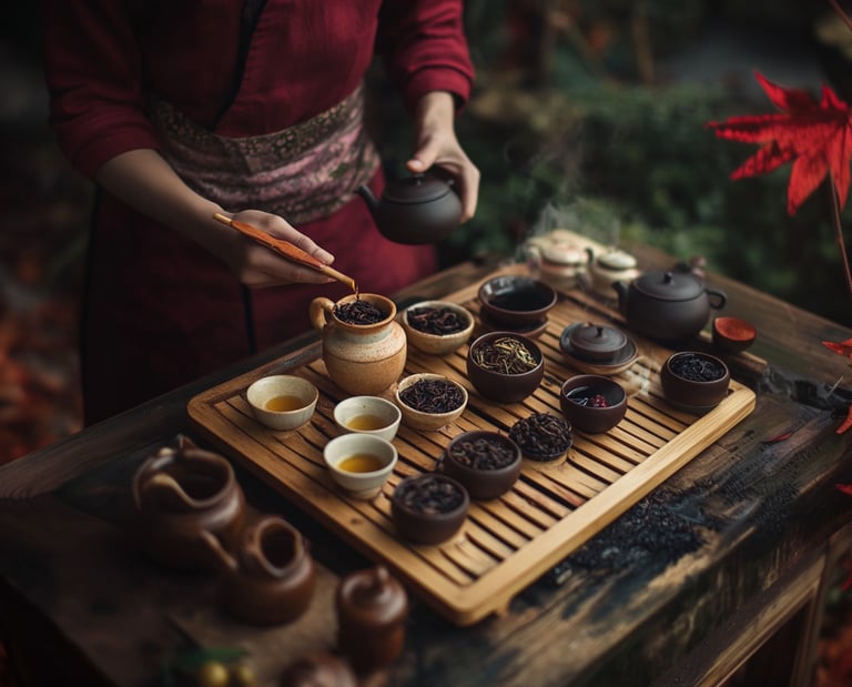 Traditional Chinese tea ceremony with various loose-leaf teas, clay pots, and autumn leaves.