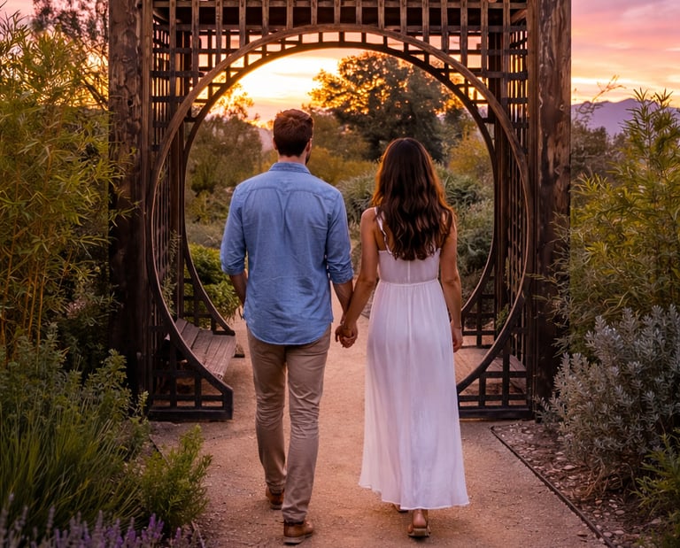 Couple holding hands walking through Meditation Mount in Ojai, California at sunset