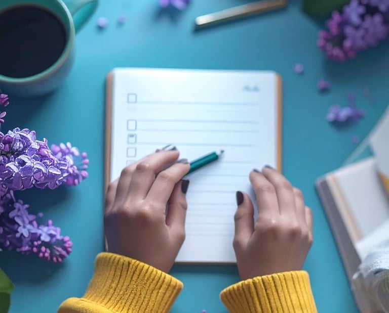 a person writing on a notebook with a pen and a cup of coffee
