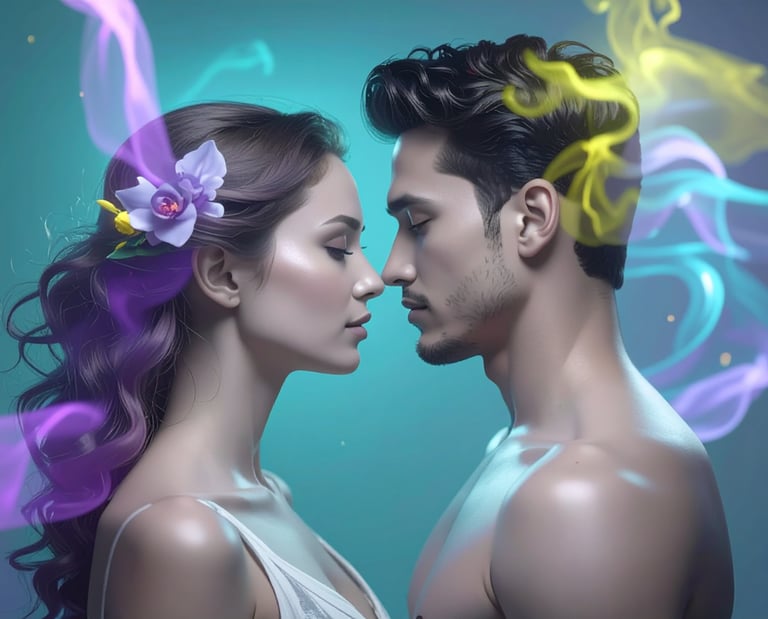 a man and woman kissing in front of a blue background