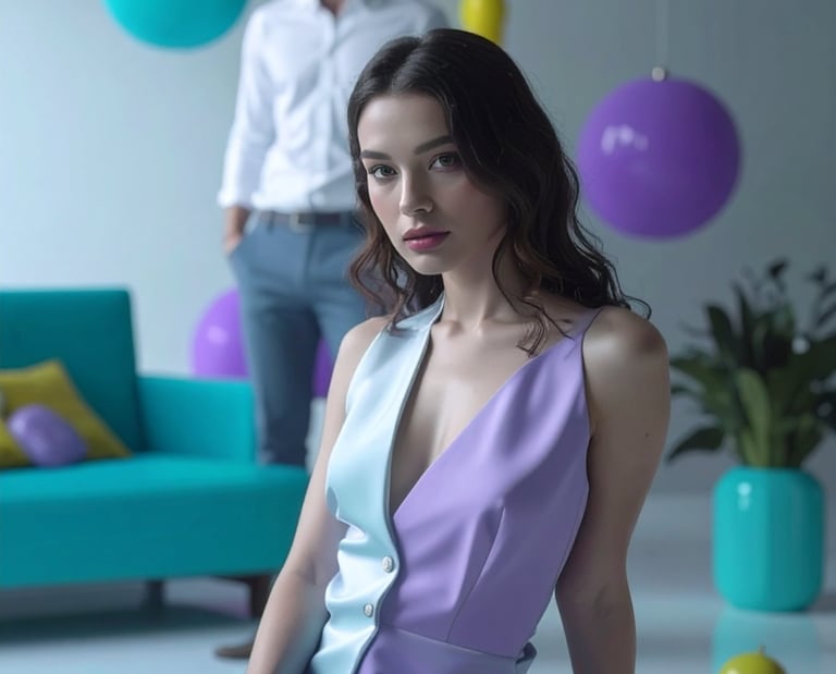 a woman in a dress sitting on a stool