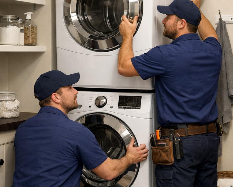 Two technicians installing a stackable washer and dryer in a clean modern laundry room.