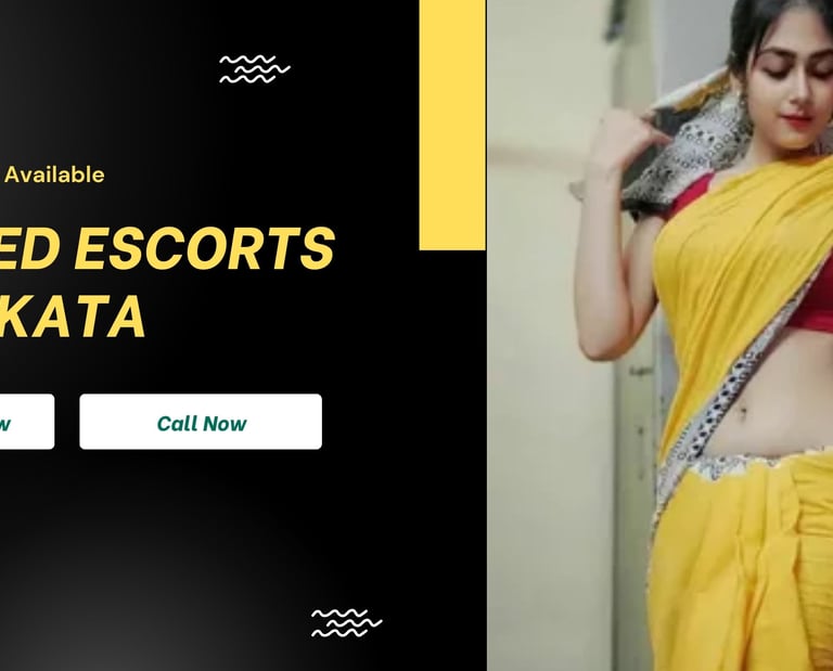 Beautiful woman in a yellow saree for married escorts in Kolkata service booking banner.