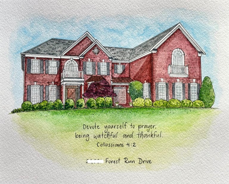 Custom watercolor house portrait of a red brick home with a Bible verse and lawn detail.