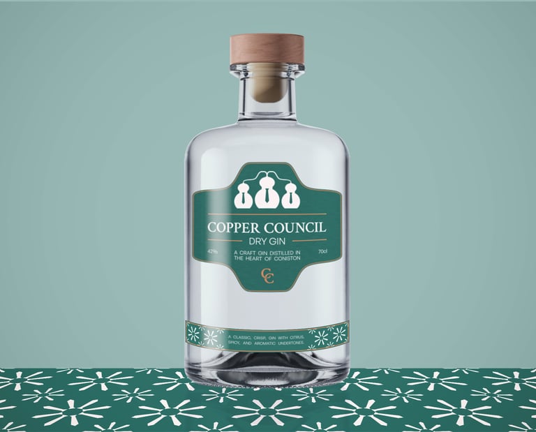 Close up of Copper Council Gin bottle label.