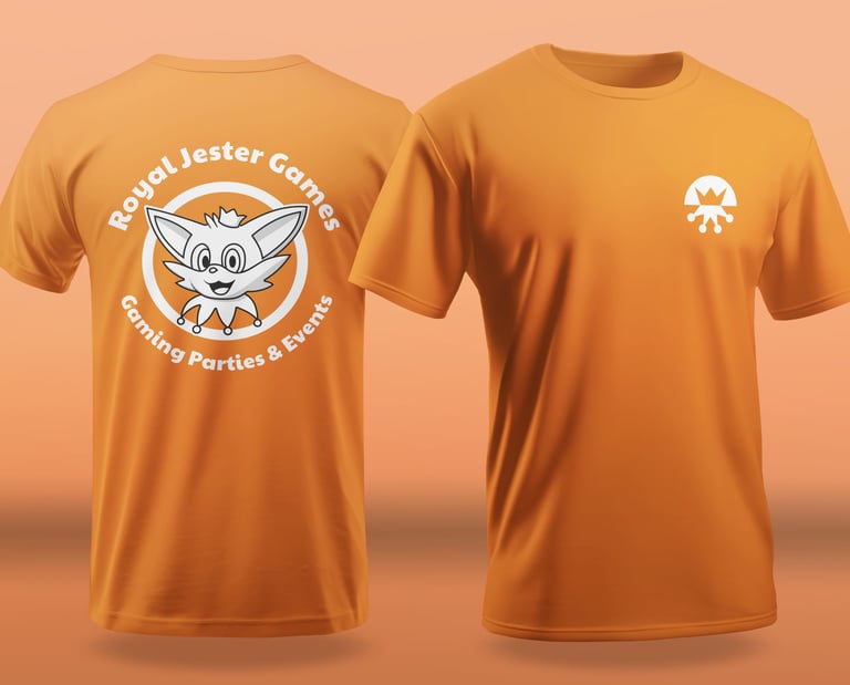T-shirt design with logomark on front, and mascot in black and white on reverse